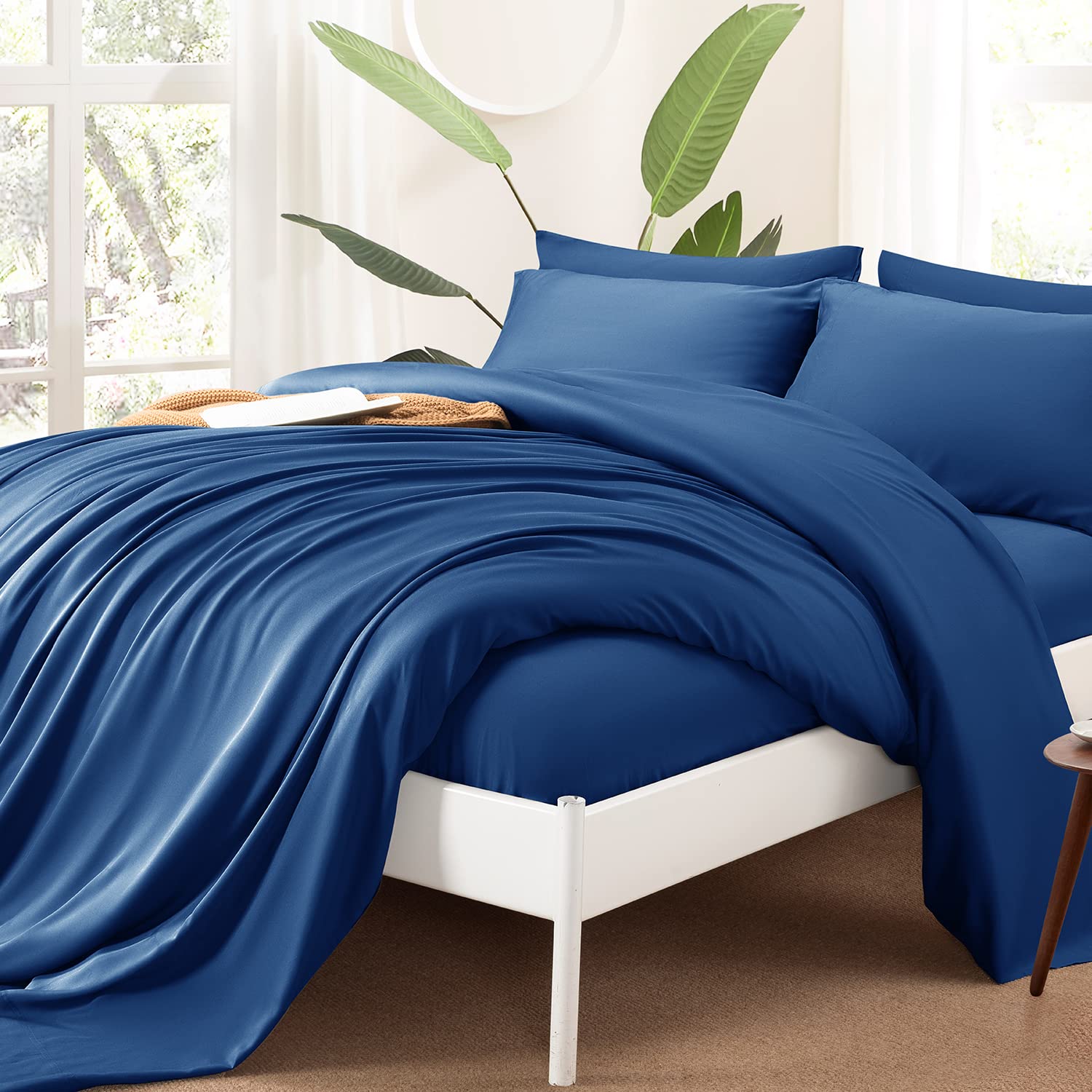 Shilucheng Cool 6Pc 100% Bamboo_ Queen Size Bed Sheets Set 1800 Thread Count 16 Inch Deep Pockets Eco Friendly Soft Comforterble Wrinkle Fade And Hypoallergenic (Queen,Navy Blue)